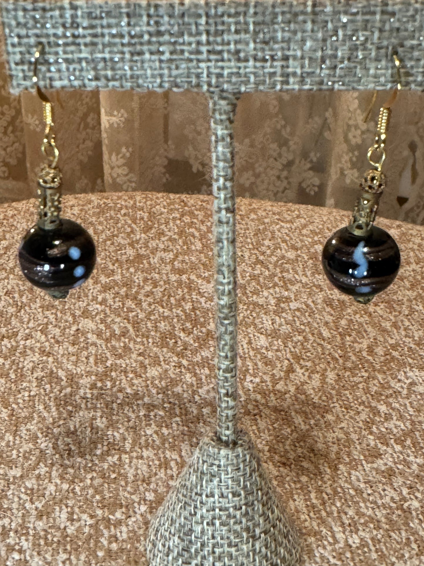 Murano Glass Dangle Earrings – Black Beads with Gold Stripes, Handmade Venice Italy