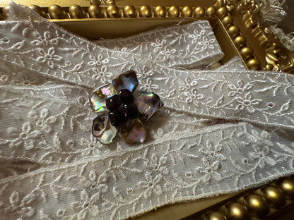 Vintage Flower Brooch - Iridescent Shell and Black Stones