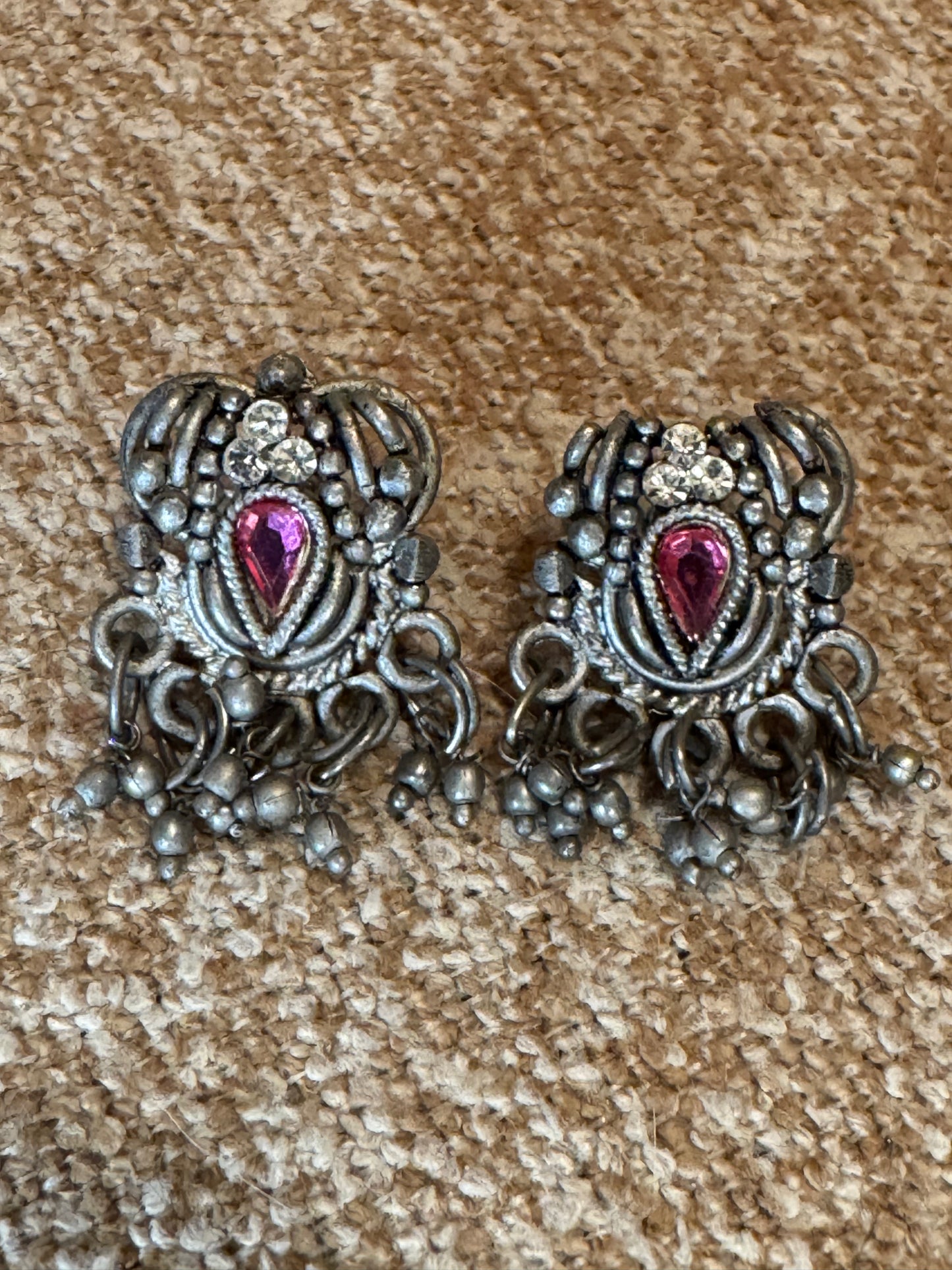 Oxidized Silver Temple-Style Earrings – Ruby-Pink Art Stone Accent