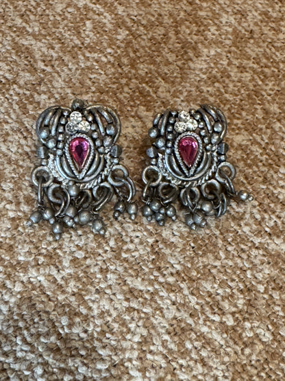 Oxidized Silver Temple-Style Earrings – Ruby-Pink Art Stone Accent