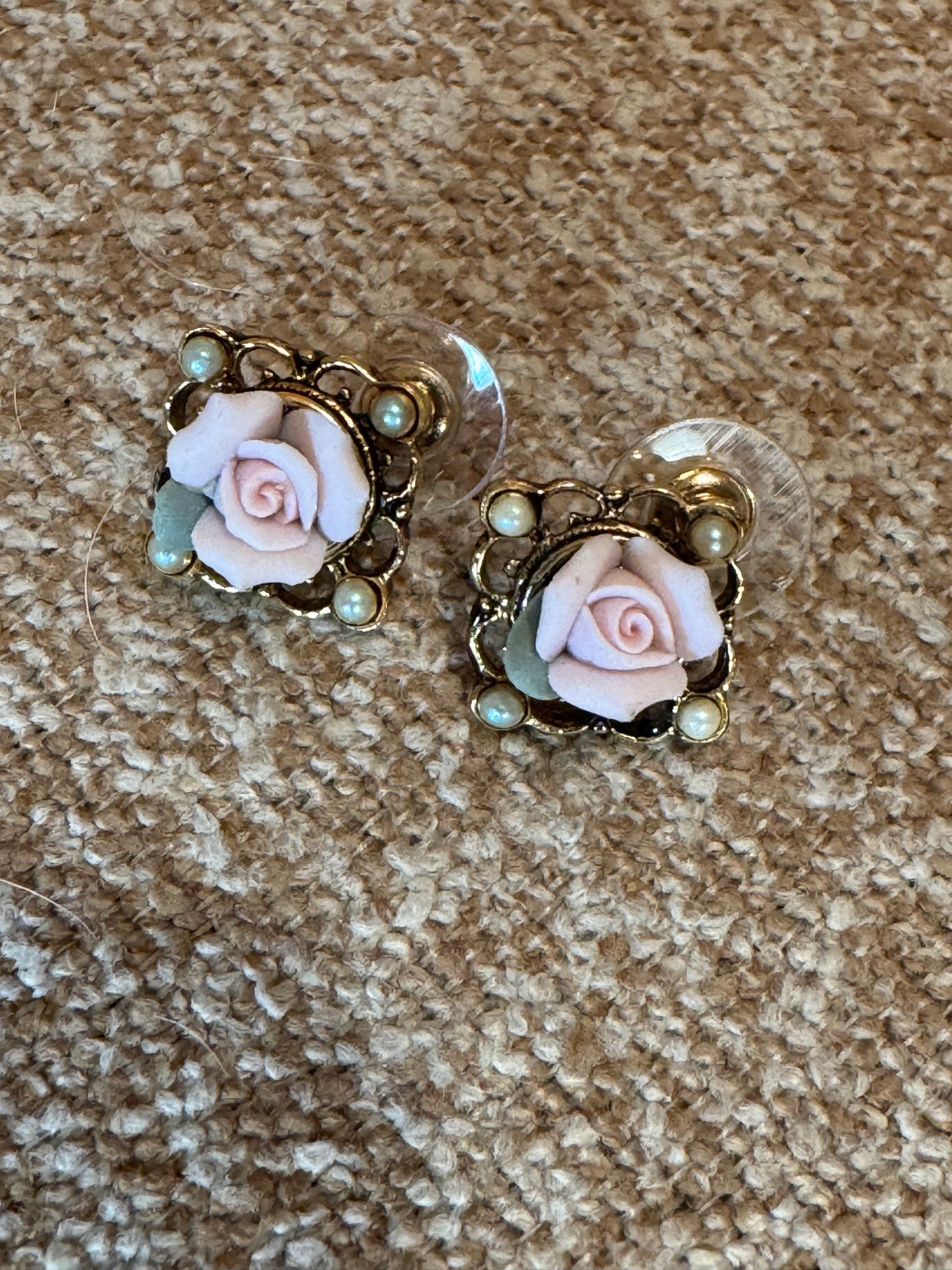 Vintage 1928 Jewelry Porcelain Rose Earrings – Pink, Gold-Tone, Victorian-Inspired