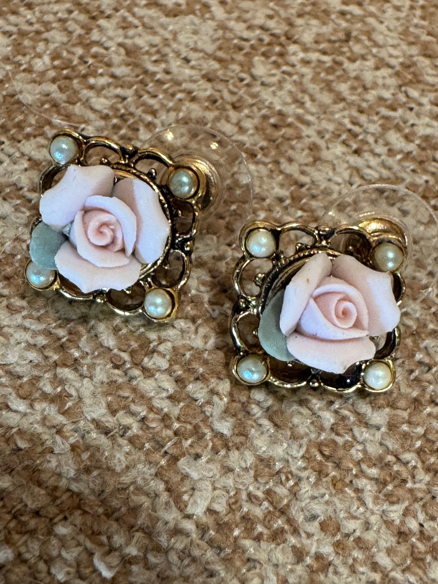 Vintage 1928 Jewelry Porcelain Rose Earrings – Pink, Gold-Tone, Victorian-Inspired