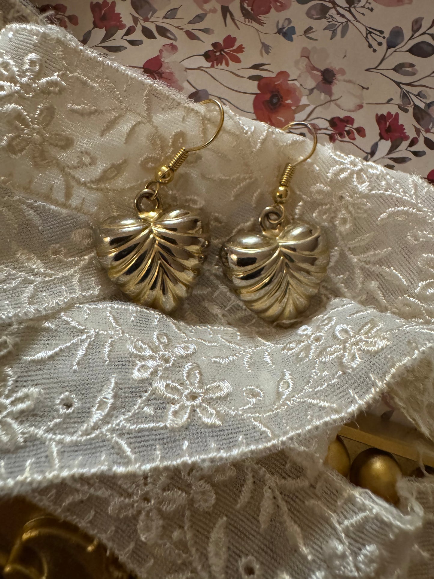 Vintage Gold-Tone Puffy Heart Dangle Earrings