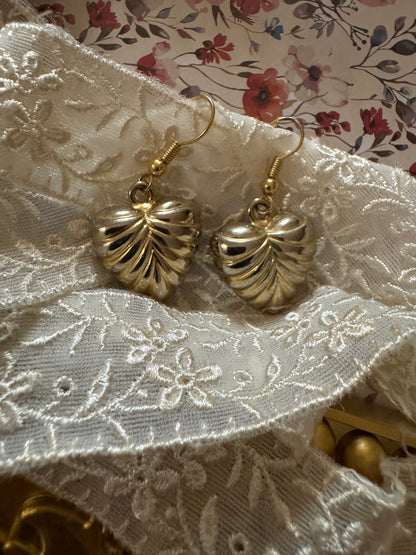 Vintage Gold-Tone Puffy Heart Dangle Earrings