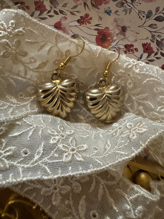 Vintage Gold-Tone Puffy Heart Dangle Earrings