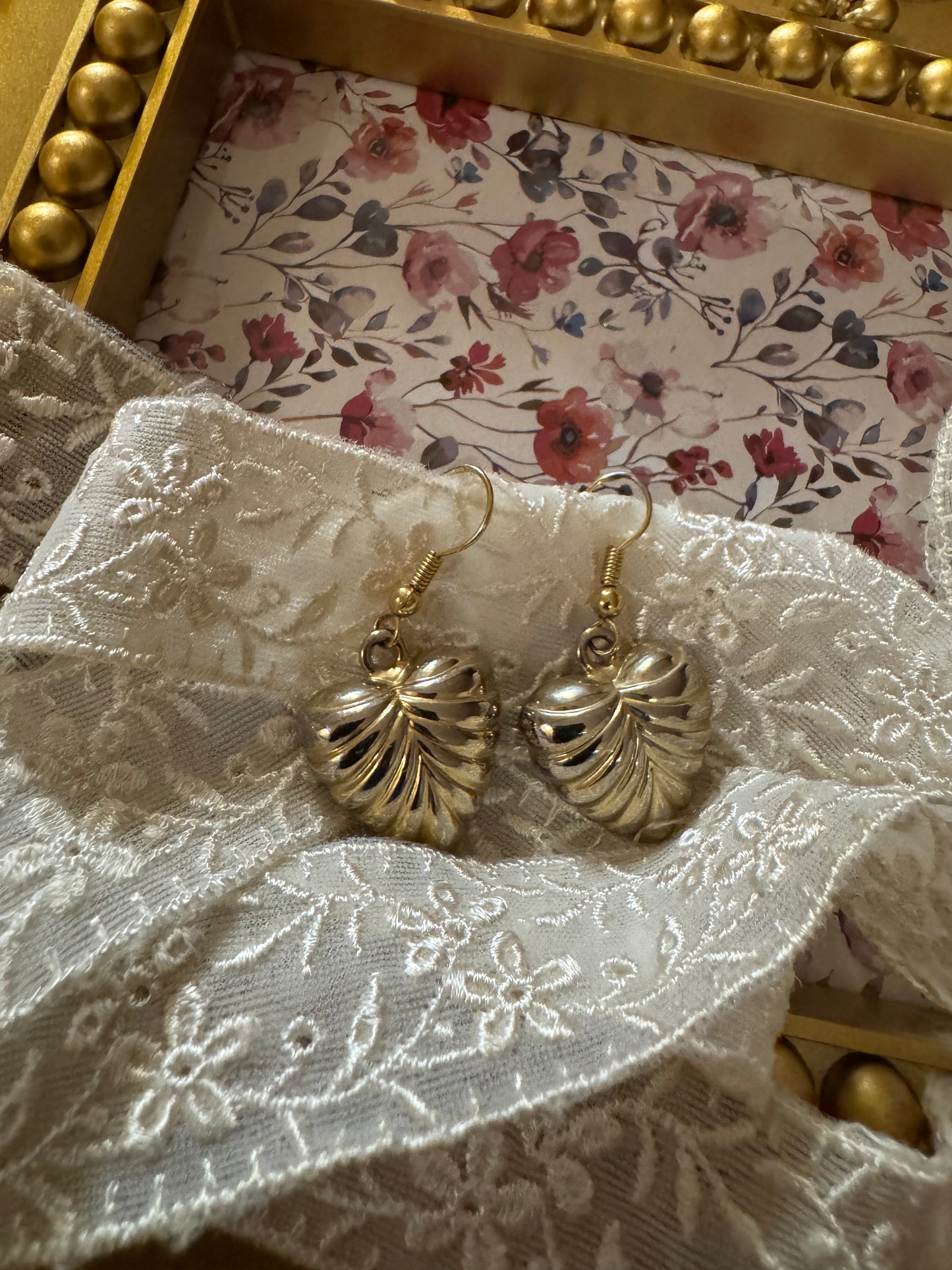 Vintage Gold-Tone Puffy Heart Dangle Earrings