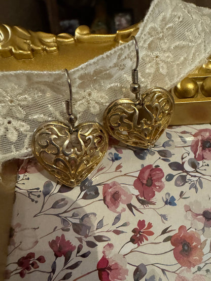 Vintage Gold-Tone Filigree Heart Dangle Earrings