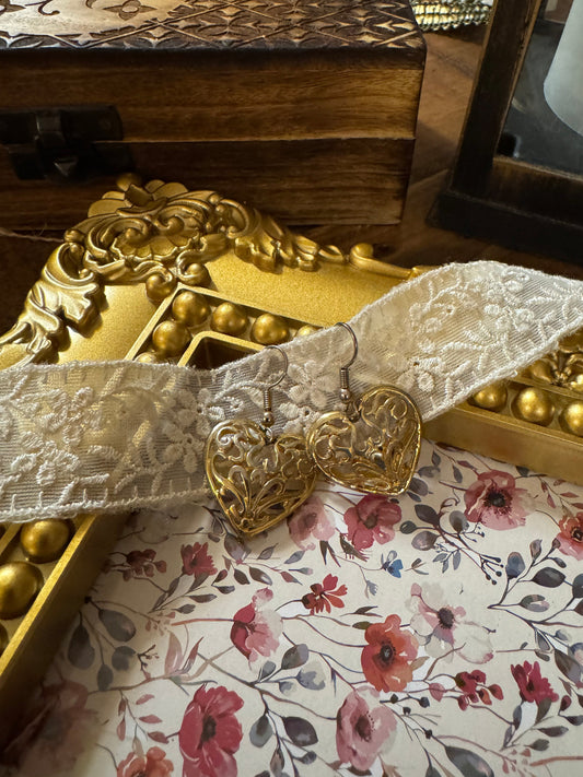 Vintage Gold-Tone Filigree Heart Dangle Earrings