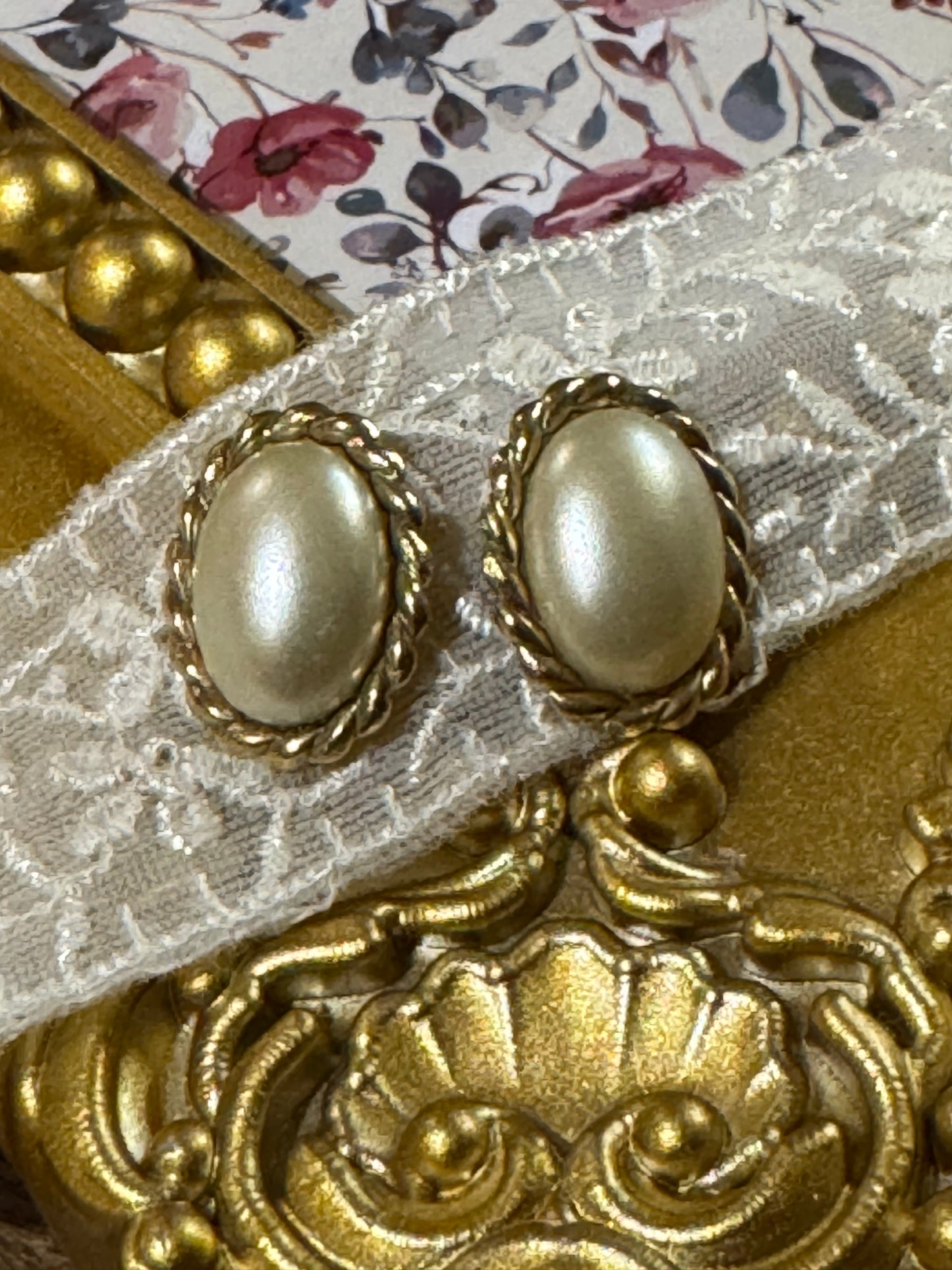 Vintage Gold-Tone Faux Pearl Post Earrings