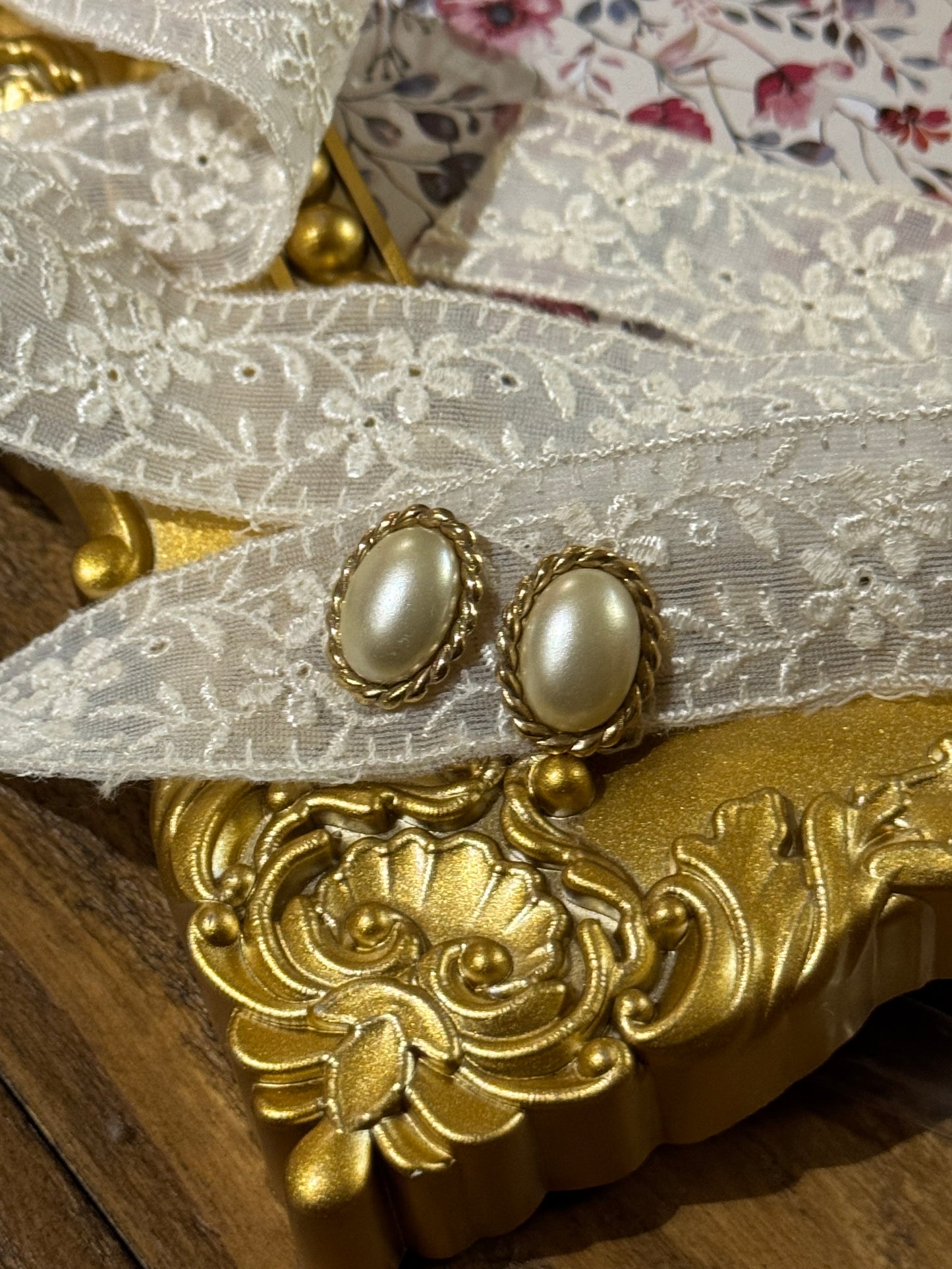 Vintage Gold-Tone Faux Pearl Post Earrings
