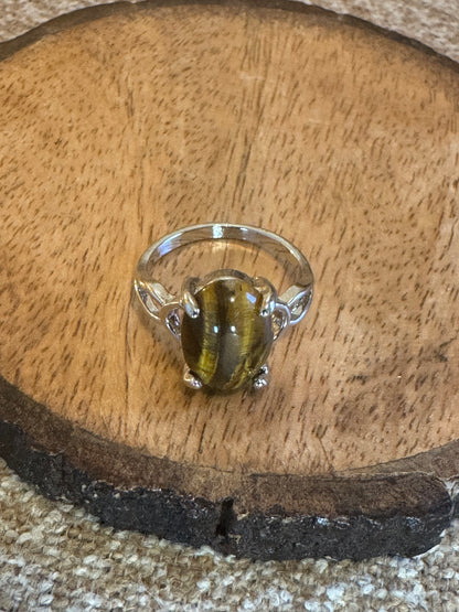 Tiger’s Eye Oval Ring – Silver-Plated Vintage Style – Size 9