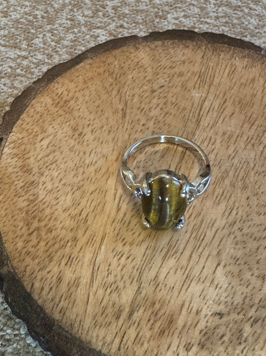 Tiger’s Eye Oval Ring – Silver-Plated Vintage Style – Size 9