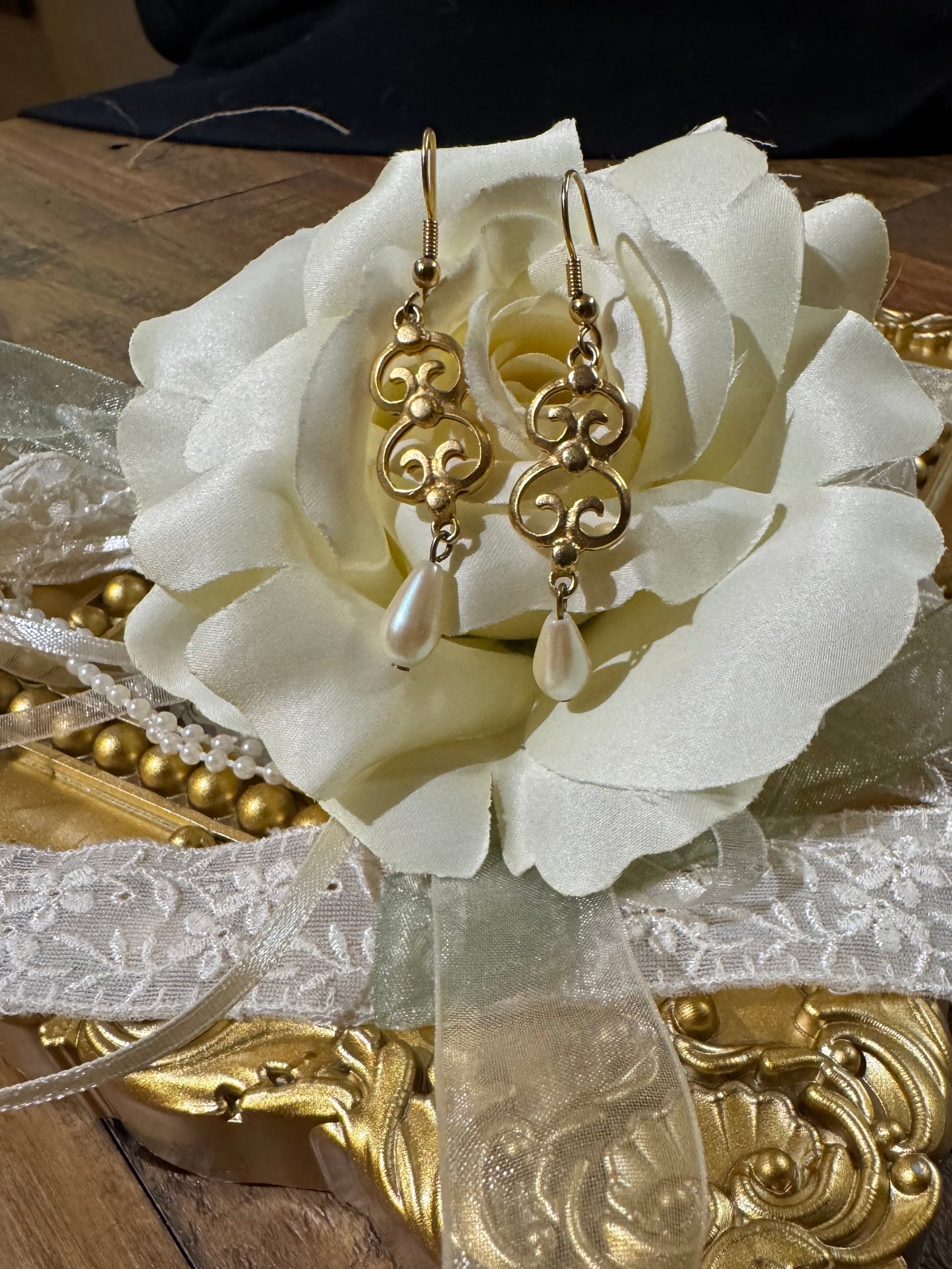 Vintage Gold-Tone Filigree and Faux Pearl Drop Earrings