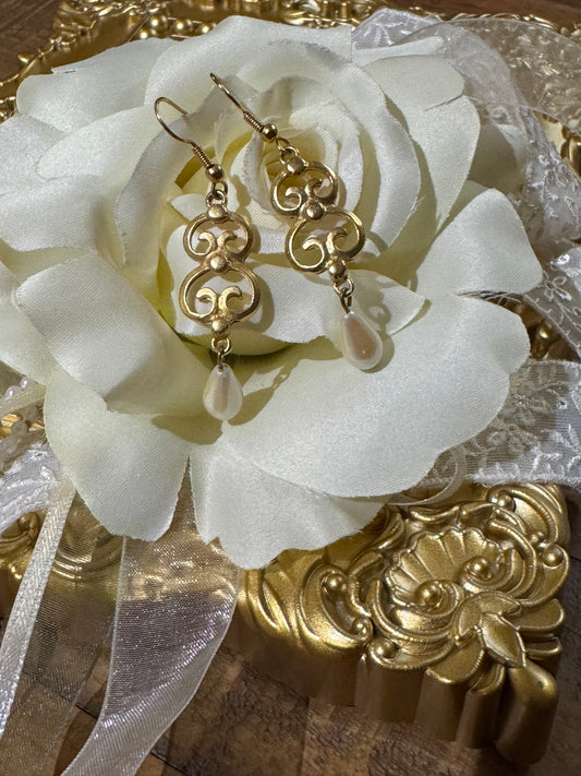 Vintage Gold-Tone Filigree and Faux Pearl Drop Earrings