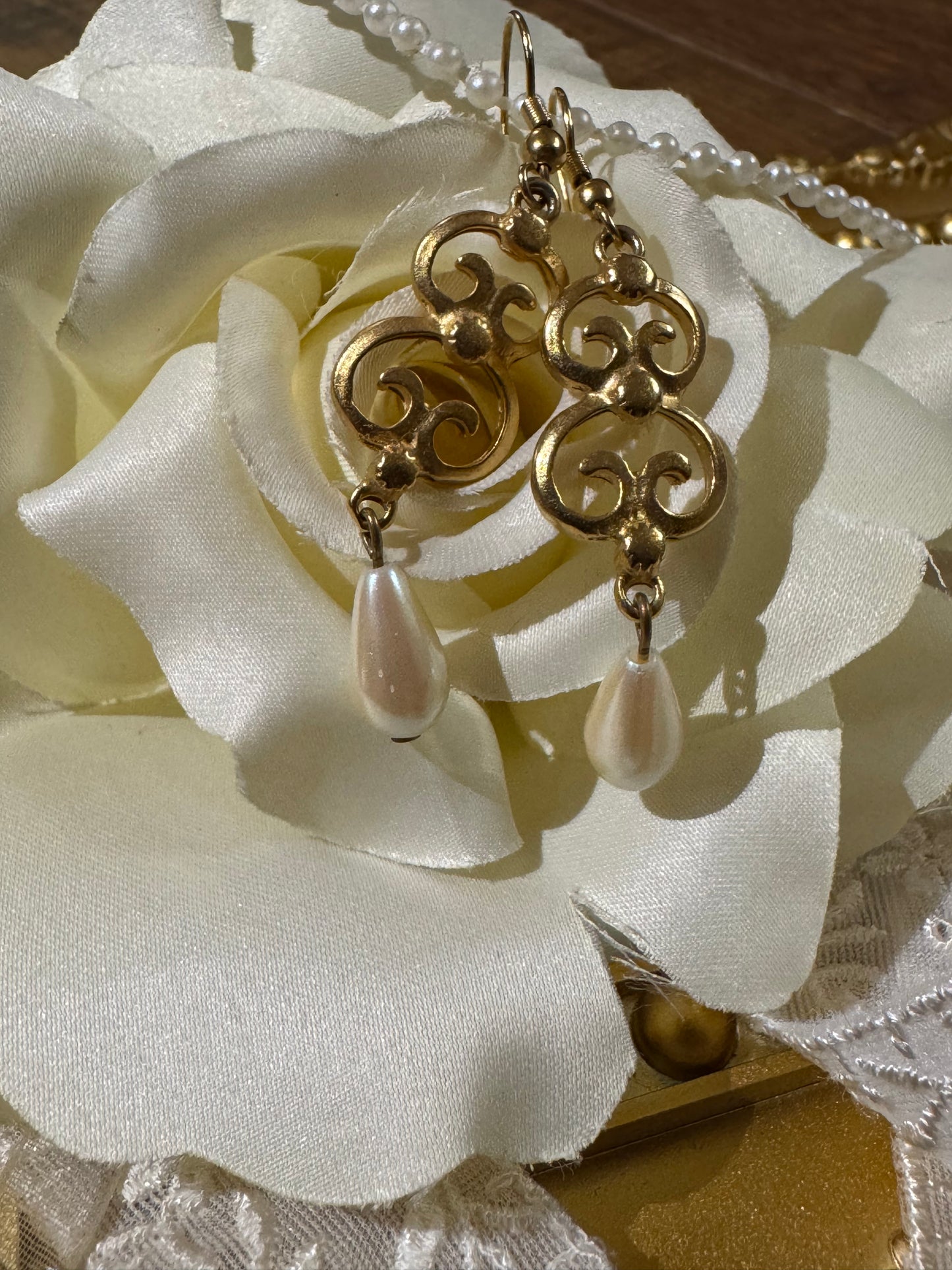 Vintage Gold-Tone Filigree and Faux Pearl Drop Earrings