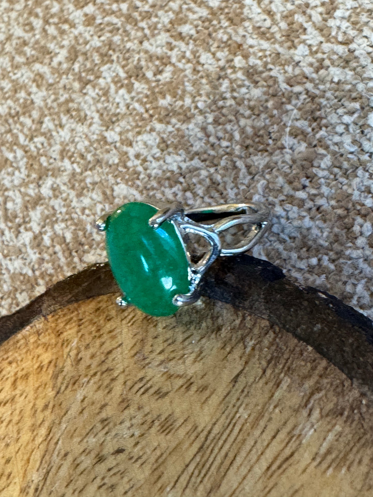 Green Gemstone Cocktail Ring – Silver Plated – Oval Cabochon – Size 7