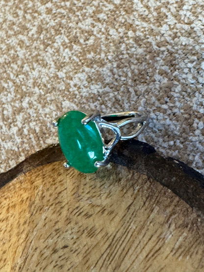 Green Gemstone Cocktail Ring – Silver Plated – Oval Cabochon – Size 7