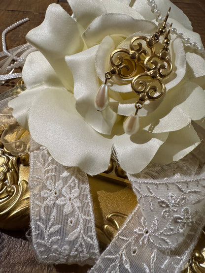 Vintage Gold-Tone Filigree and Faux Pearl Drop Earrings