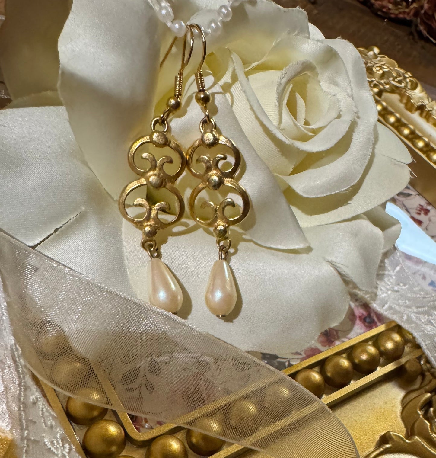Vintage Gold-Tone Filigree and Faux Pearl Drop Earrings