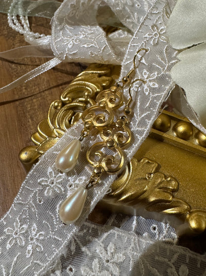 Vintage Gold-Tone Filigree and Faux Pearl Drop Earrings
