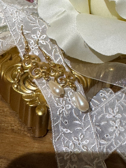 Vintage Gold-Tone Filigree and Faux Pearl Drop Earrings