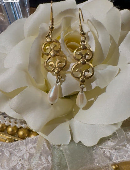 Vintage Gold-Tone Filigree and Faux Pearl Drop Earrings