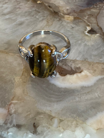 Tiger’s Eye Oval Ring – Silver-Plated Vintage Style – Size 9