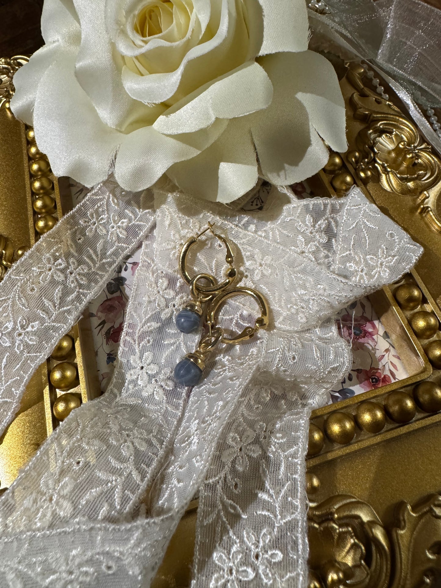 Vintage Gold-Tone Creole Hoop Earrings with Dangling Angelite Stone