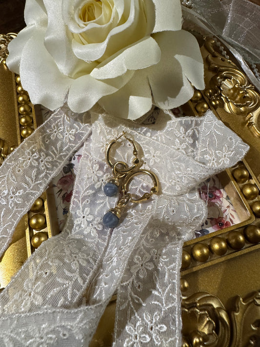 Vintage Gold-Tone Creole Hoop Earrings with Dangling Angelite Stone