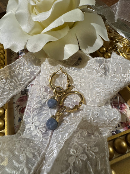 Vintage Gold-Tone Creole Hoop Earrings with Dangling Angelite Stone