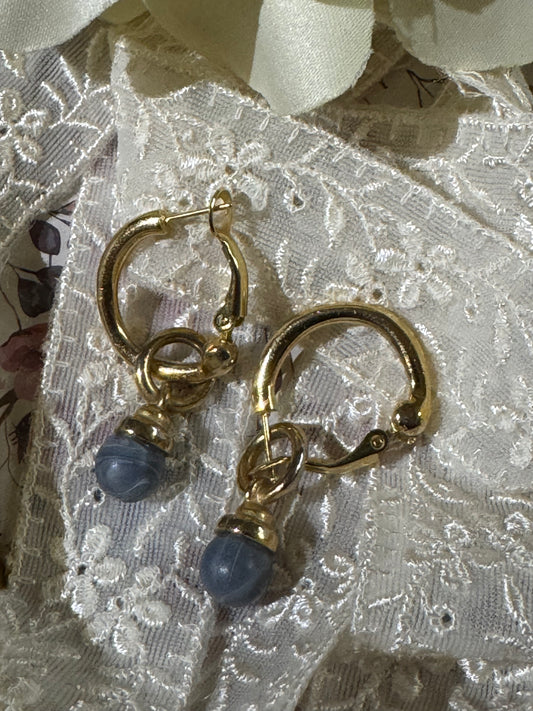 Vintage Gold-Tone Creole Hoop Earrings with Dangling Angelite Stone