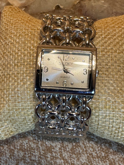 Studio Time Women’s Quartz Watch – Rectangular Silver Face with Chain-Link Cuff