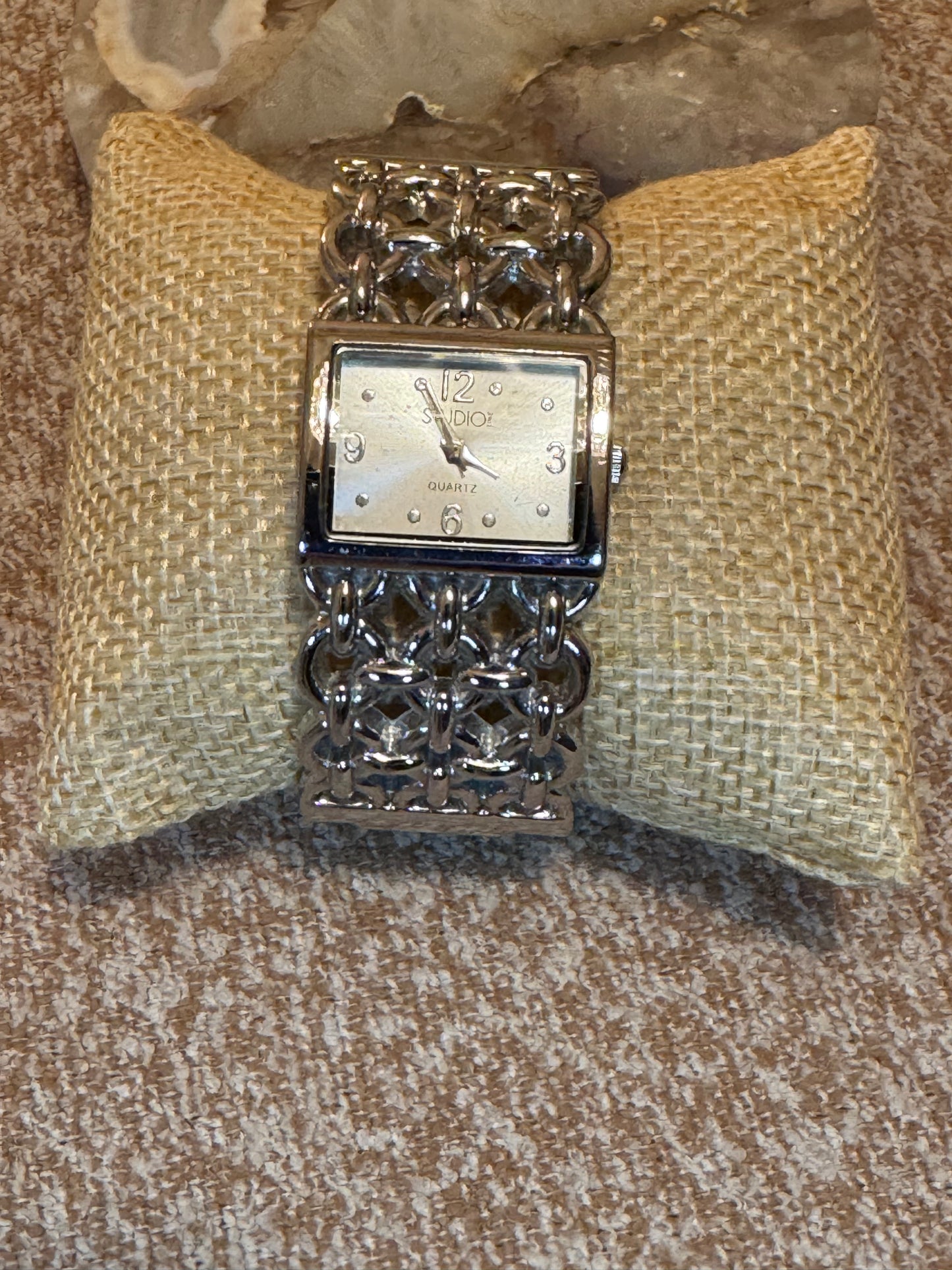 Studio Time Women’s Quartz Watch – Rectangular Silver Face with Chain-Link Cuff