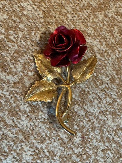 Vintage Red Enamel Rose Brooch – Gold Tone Stem and Leaves