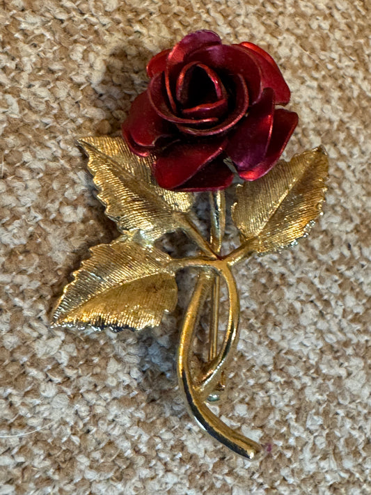 Vintage Red Enamel Rose Brooch – Gold Tone Stem and Leaves