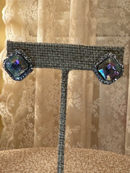 Vintage-Style Aurora Borealis Square Stud Earrings – Silver Tone