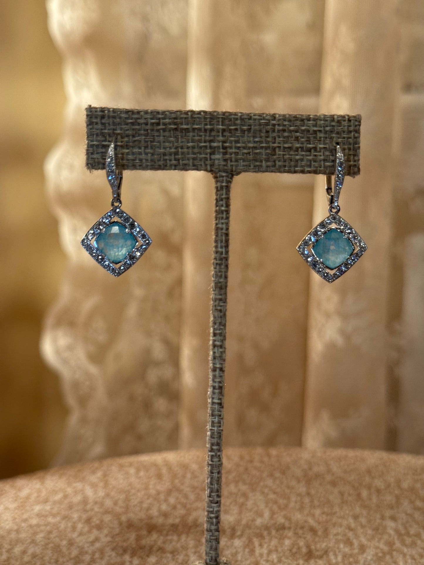 Nadri Macaron Aqua Drop Earrings – Cushion-Cut Crystal with Halo