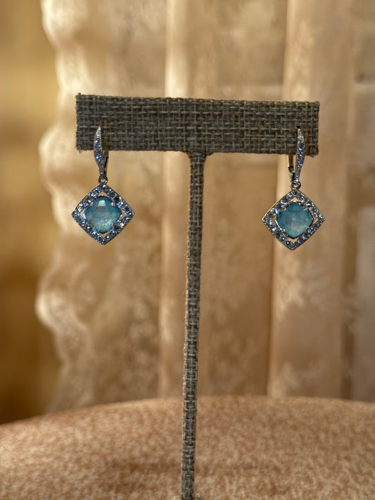 Nadri Macaron Aqua Drop Earrings – Cushion-Cut Crystal with Halo