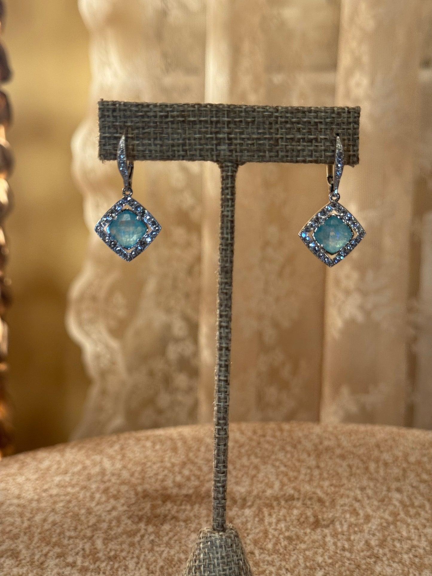 Nadri Macaron Aqua Drop Earrings – Cushion-Cut Crystal with Halo