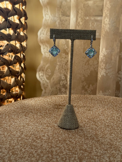 Nadri Macaron Aqua Drop Earrings – Cushion-Cut Crystal with Halo