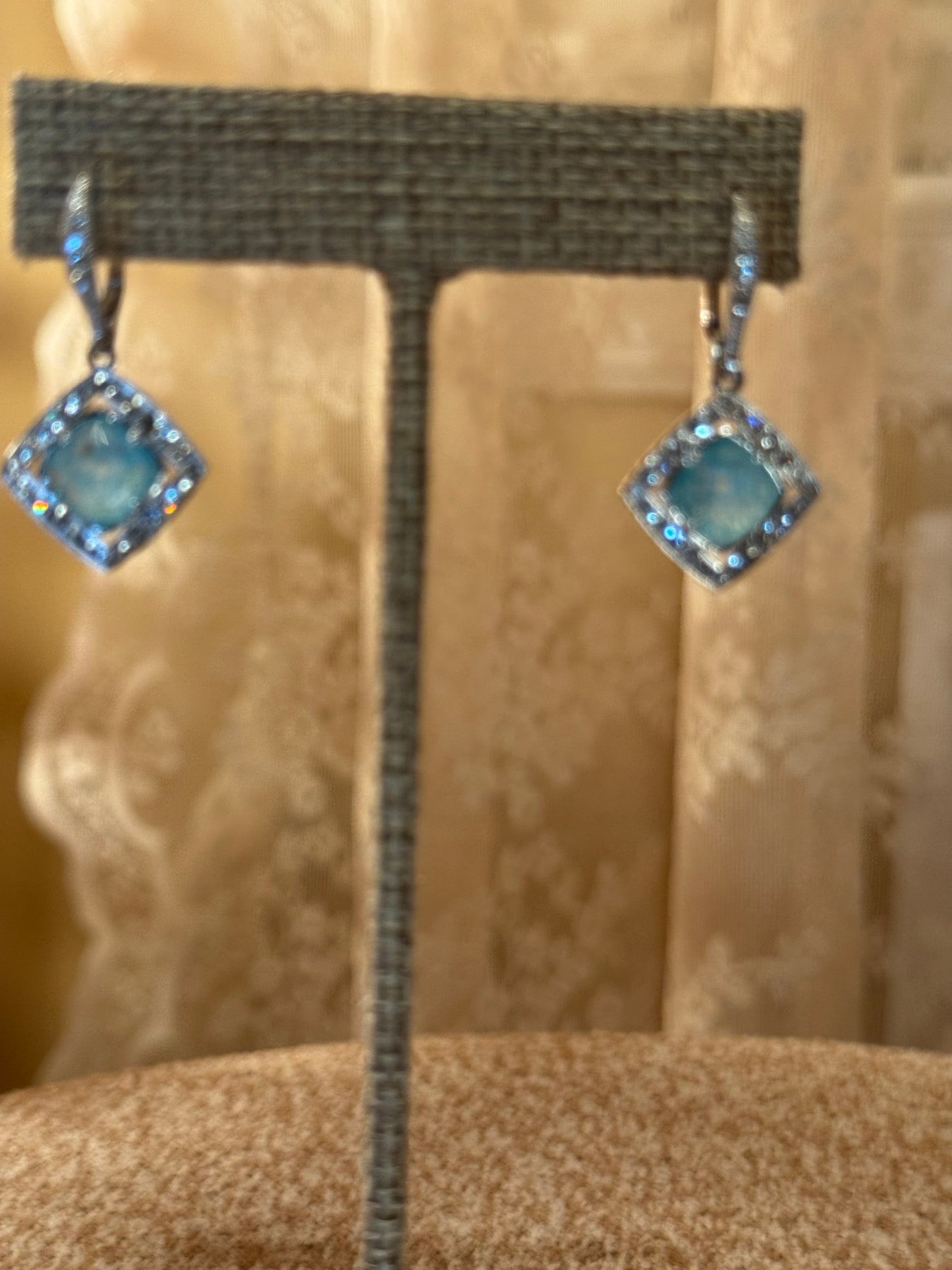 Nadri Macaron Aqua Drop Earrings – Cushion-Cut Crystal with Halo