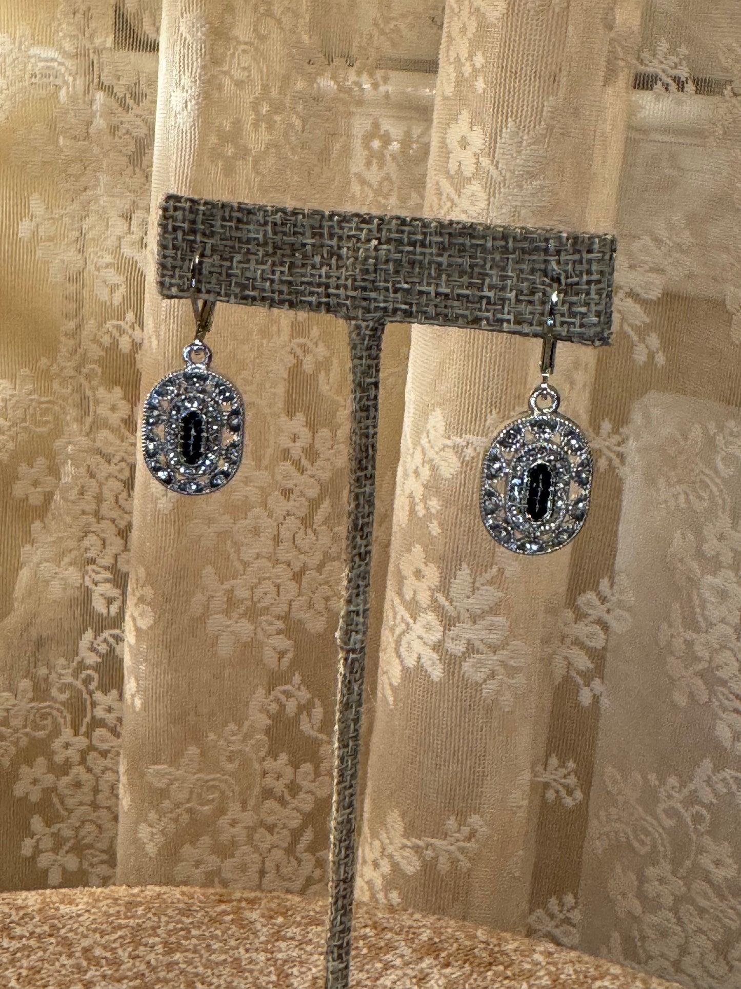 Vintage-Style Black Oval Dangle Earrings with Clear Accents