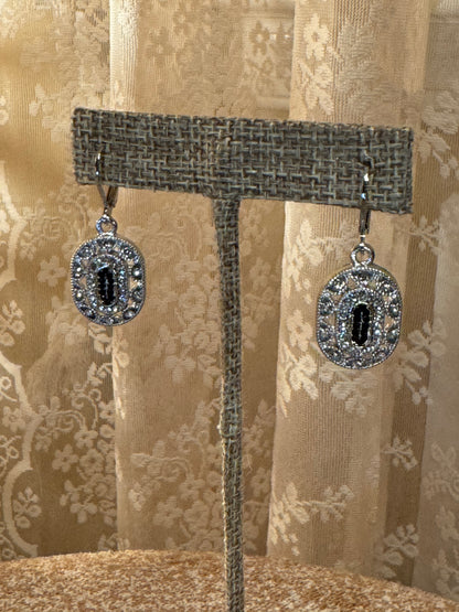 Vintage-Style Black Oval Dangle Earrings with Clear Accents