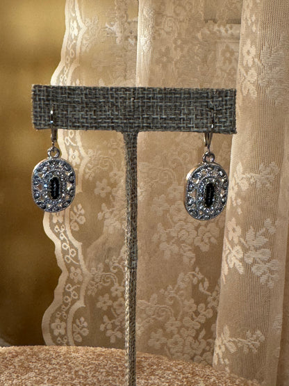 Vintage-Style Black Oval Dangle Earrings with Clear Accents