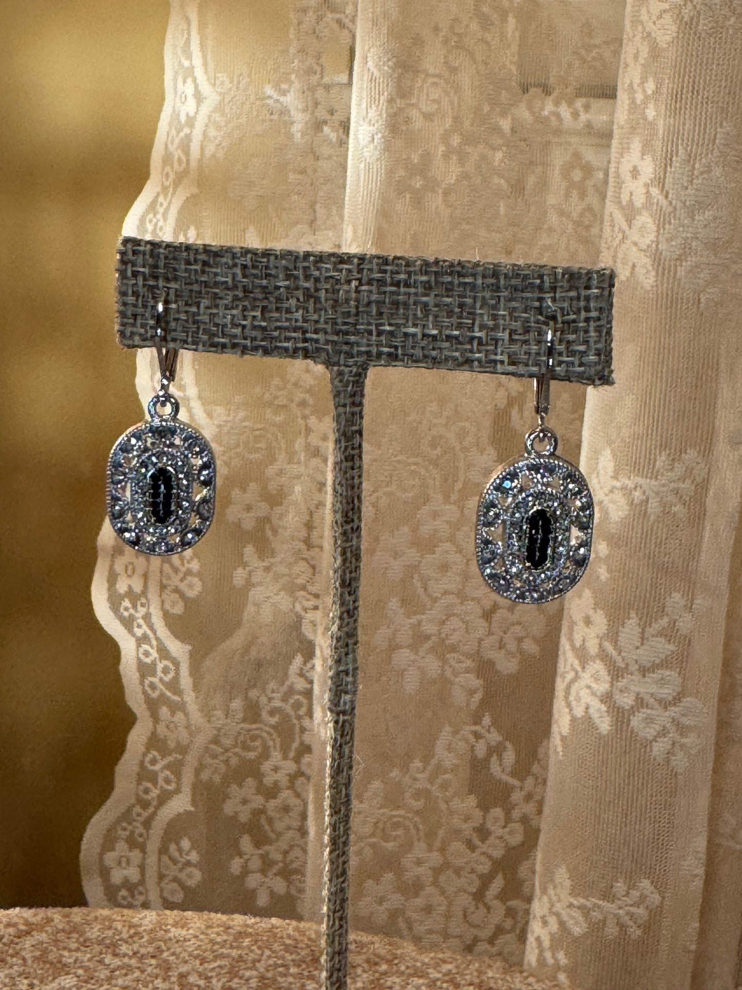 Vintage-Style Black Oval Dangle Earrings with Clear Accents