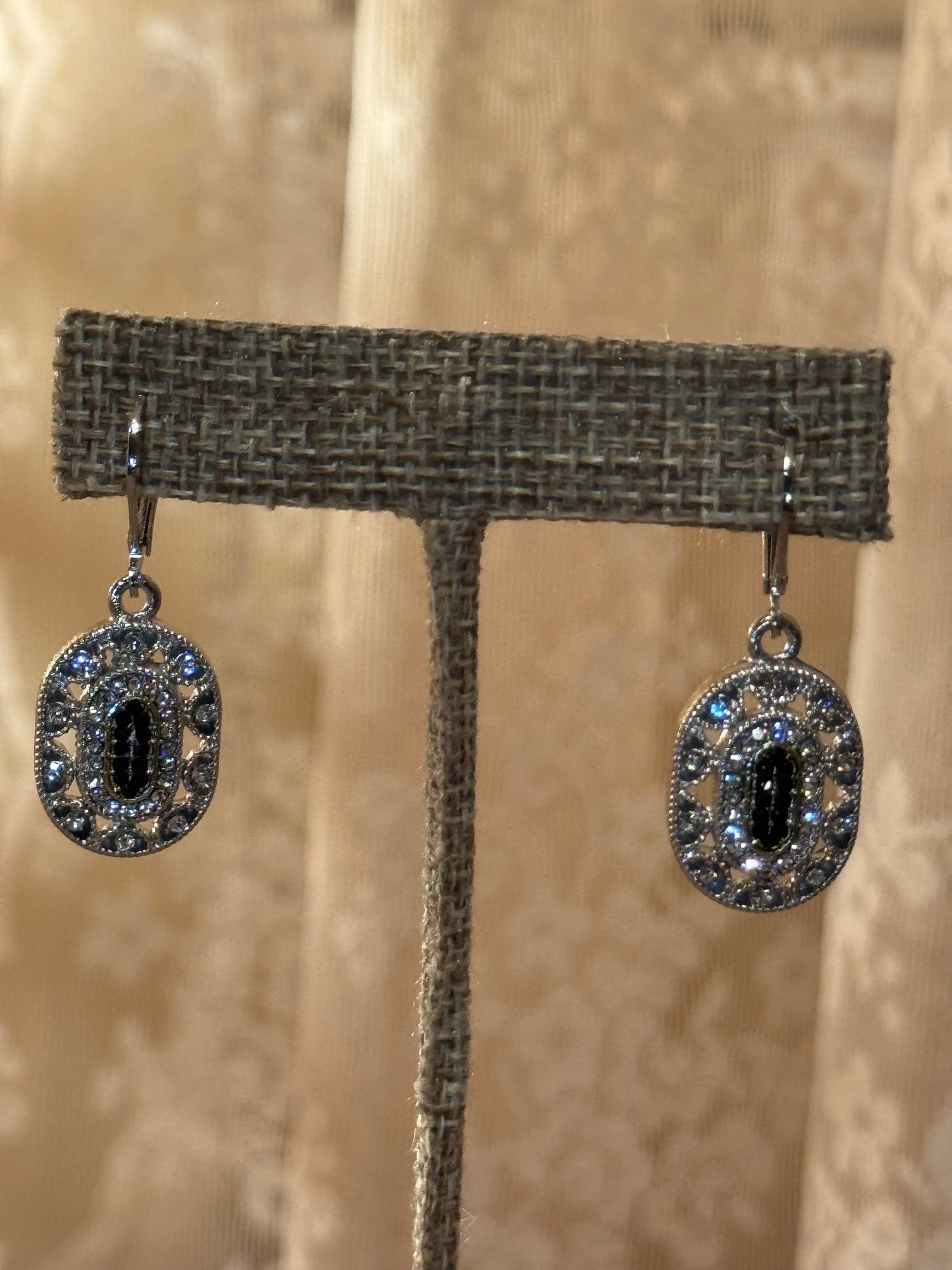 Vintage-Style Black Oval Dangle Earrings with Clear Accents