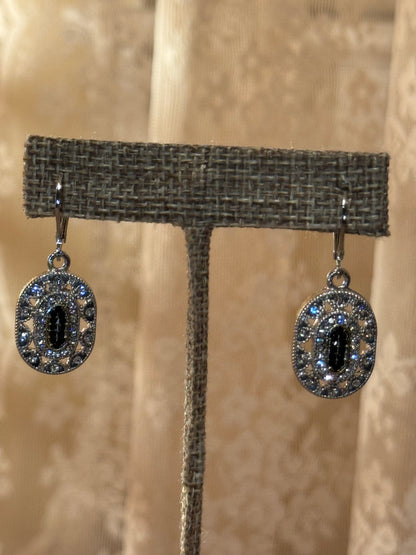 Vintage-Style Black Oval Dangle Earrings with Clear Accents