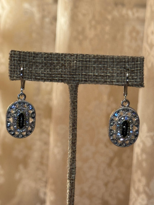 Vintage-Style Black Oval Dangle Earrings with Clear Accents