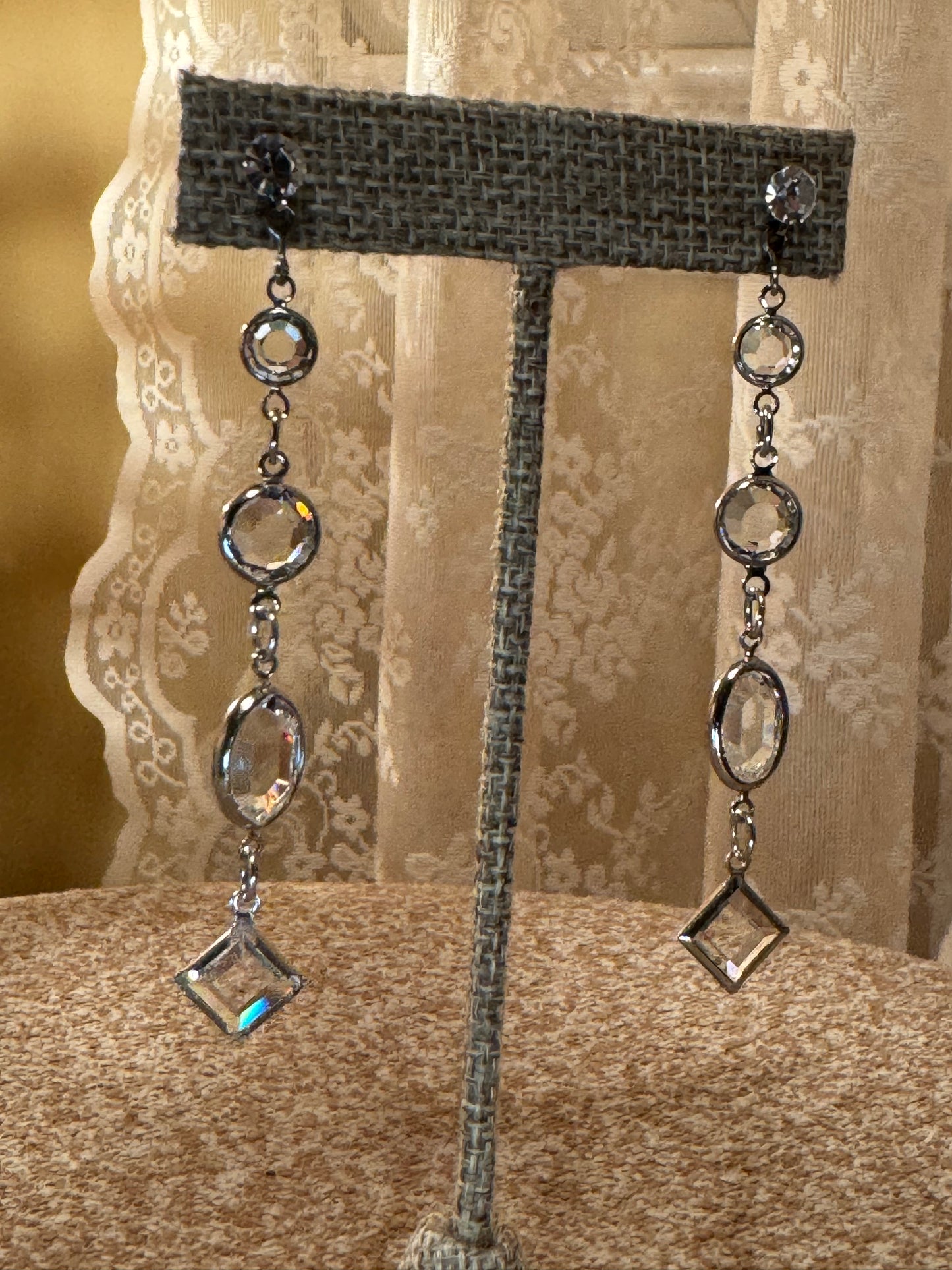 Vintage Style Silver Tone Geometric Crystal Dangle Earrings