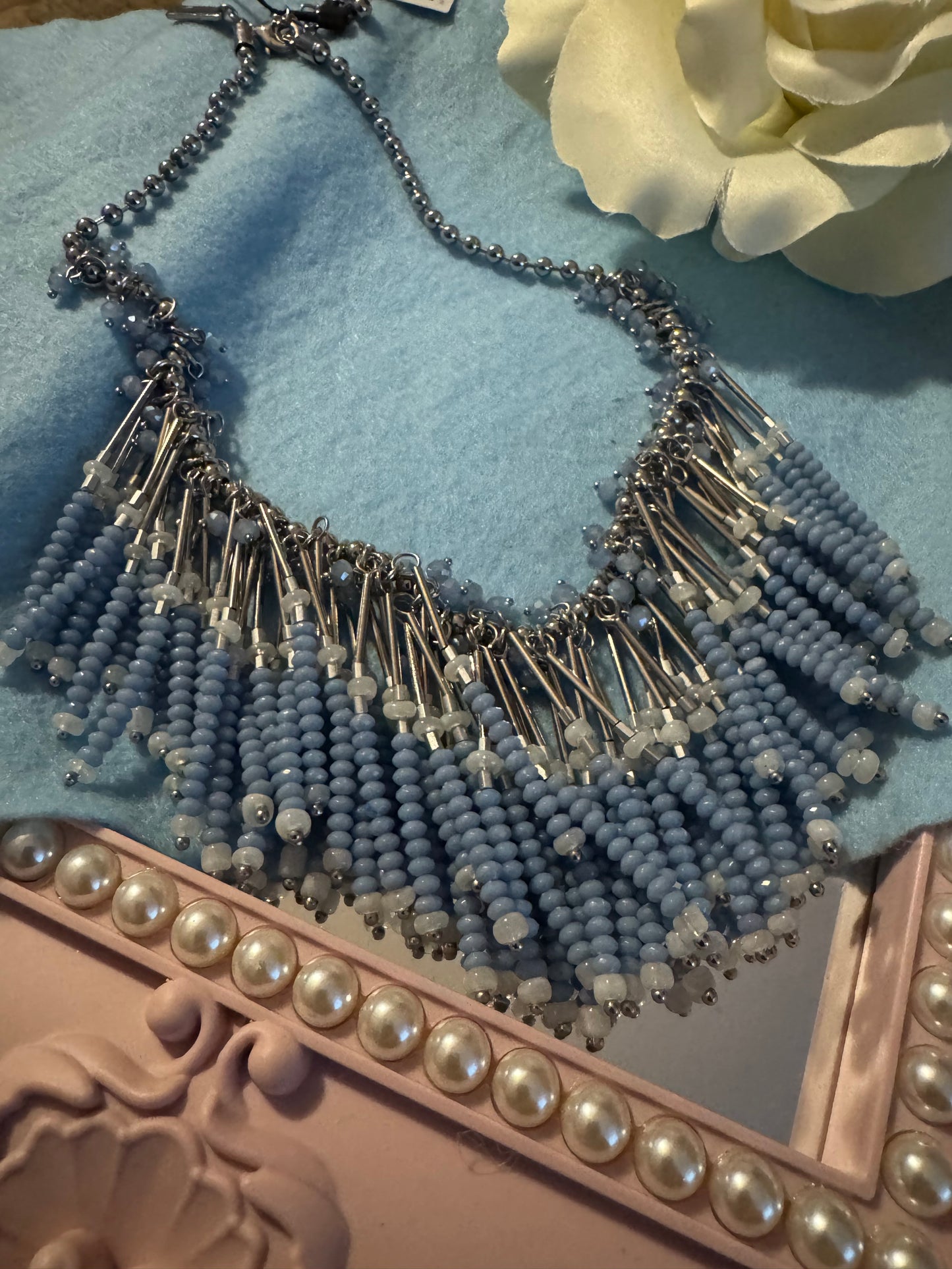 Signed White House Black Market Blue and Silver 16" Beaded Fringe Necklace